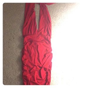 Red ruched, backless dress